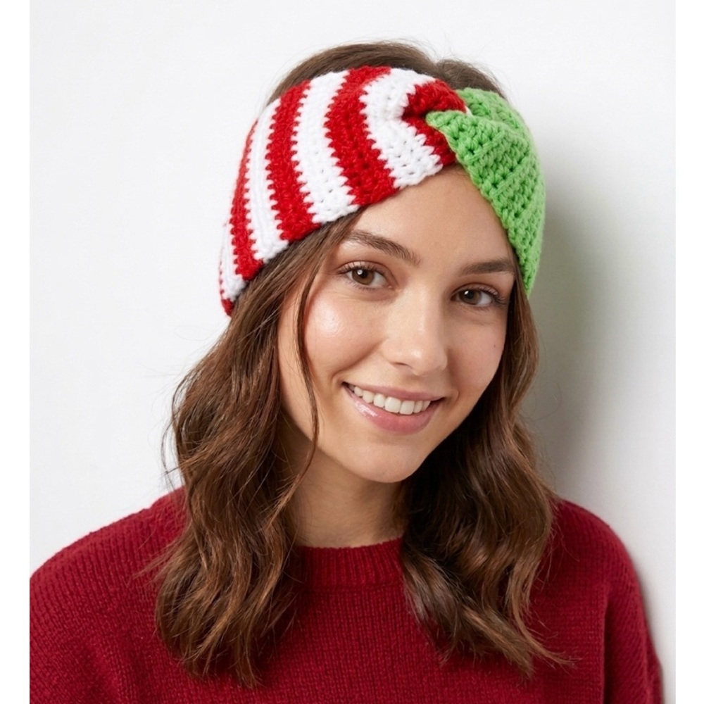 Striped Knit Twist Headband in Red, White & Green